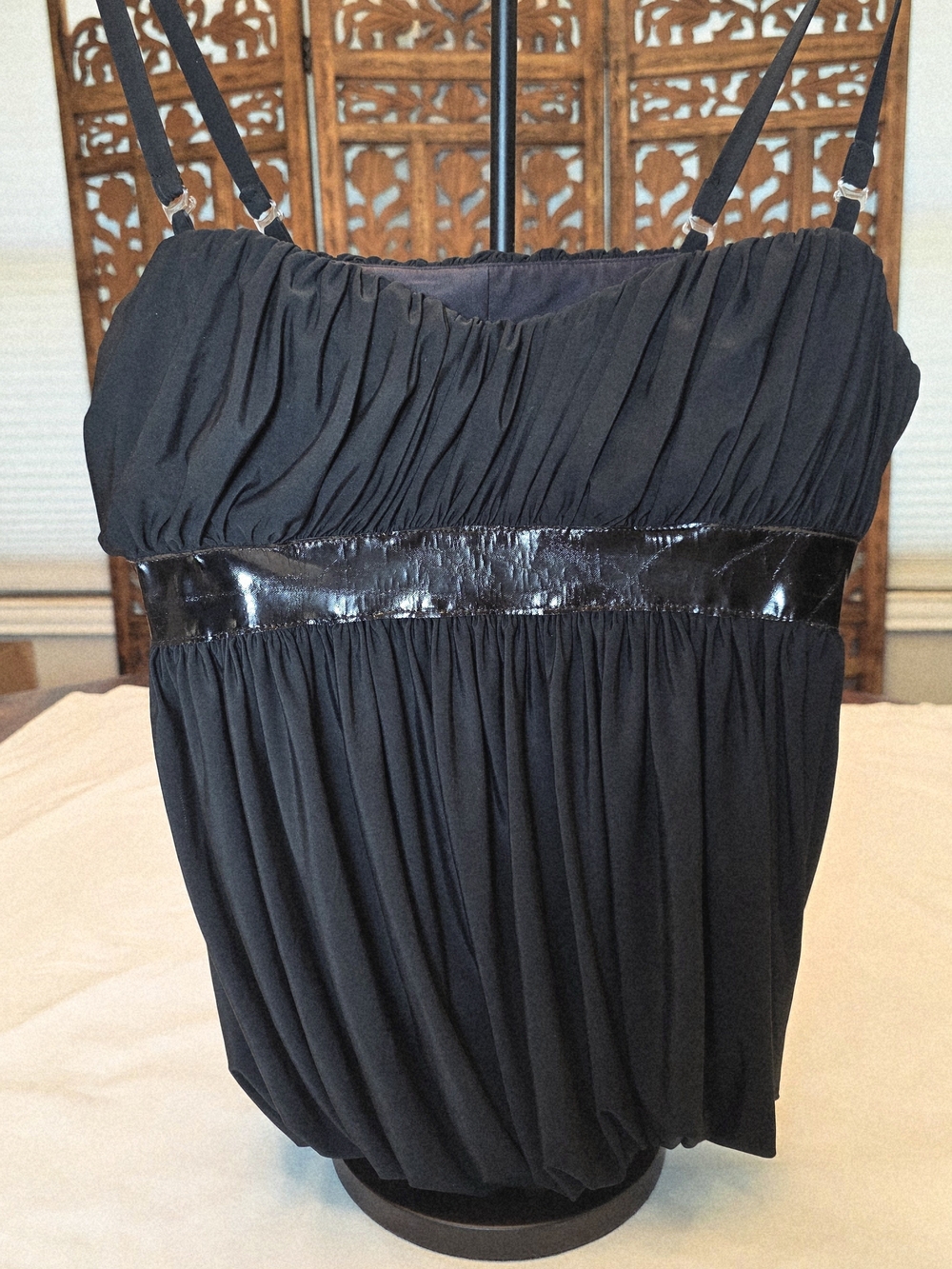 Versace Black Ruched Spaghetti-Strap Blouse with Patent Waist - Vintage 1990s